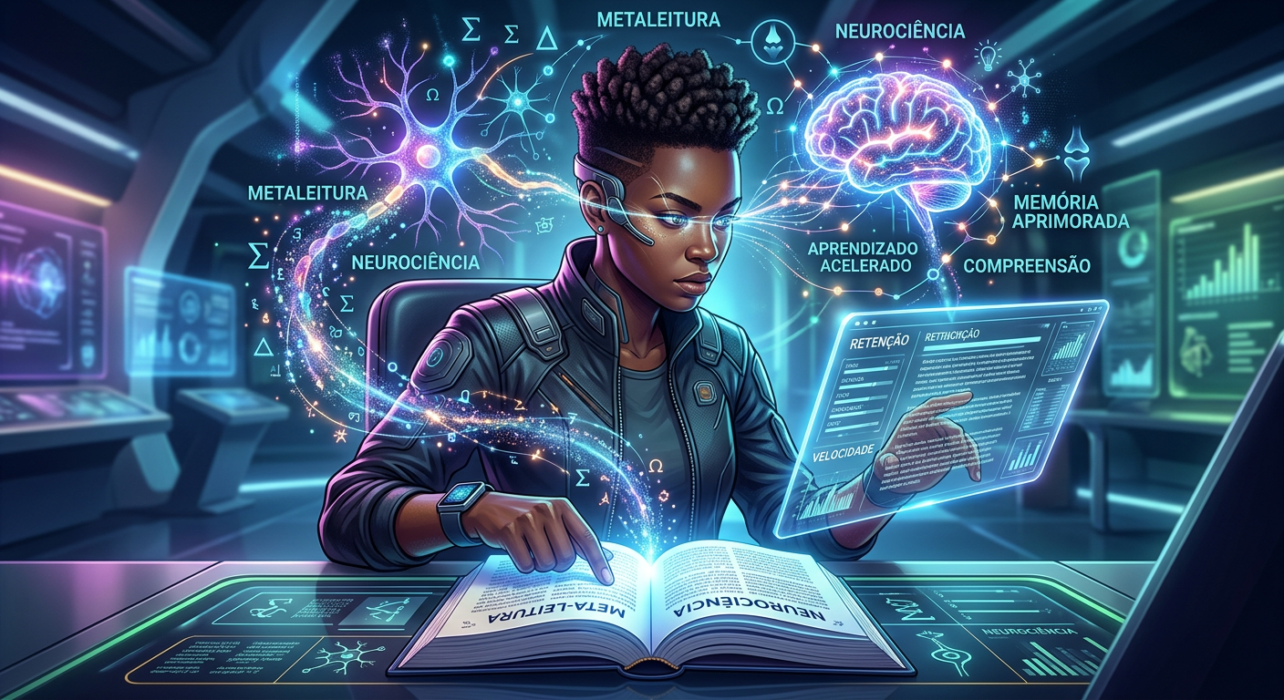 Pessoa lendo rapidamente um livro e tablet, com redes neurais e luzes representando leitura dinâmica, neurociência e memorização.