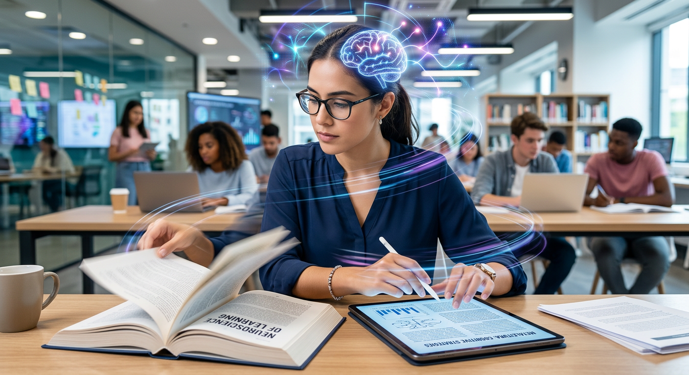 Pessoa lendo rapidamente um livro e um tablet ao mesmo tempo, com expressão concentrada e linhas de velocidade, simbolizando leitura dinâmica e metaleitura.