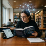 Pessoa lendo um livro ou tablet em alta velocidade e com foco intenso, com sobreposição visual de redes neurais e atividade cerebral, simbolizando a leitura dinâmica e a retenção de informações. Representa o método Metaleitura e o processamento cognitivo avançado.