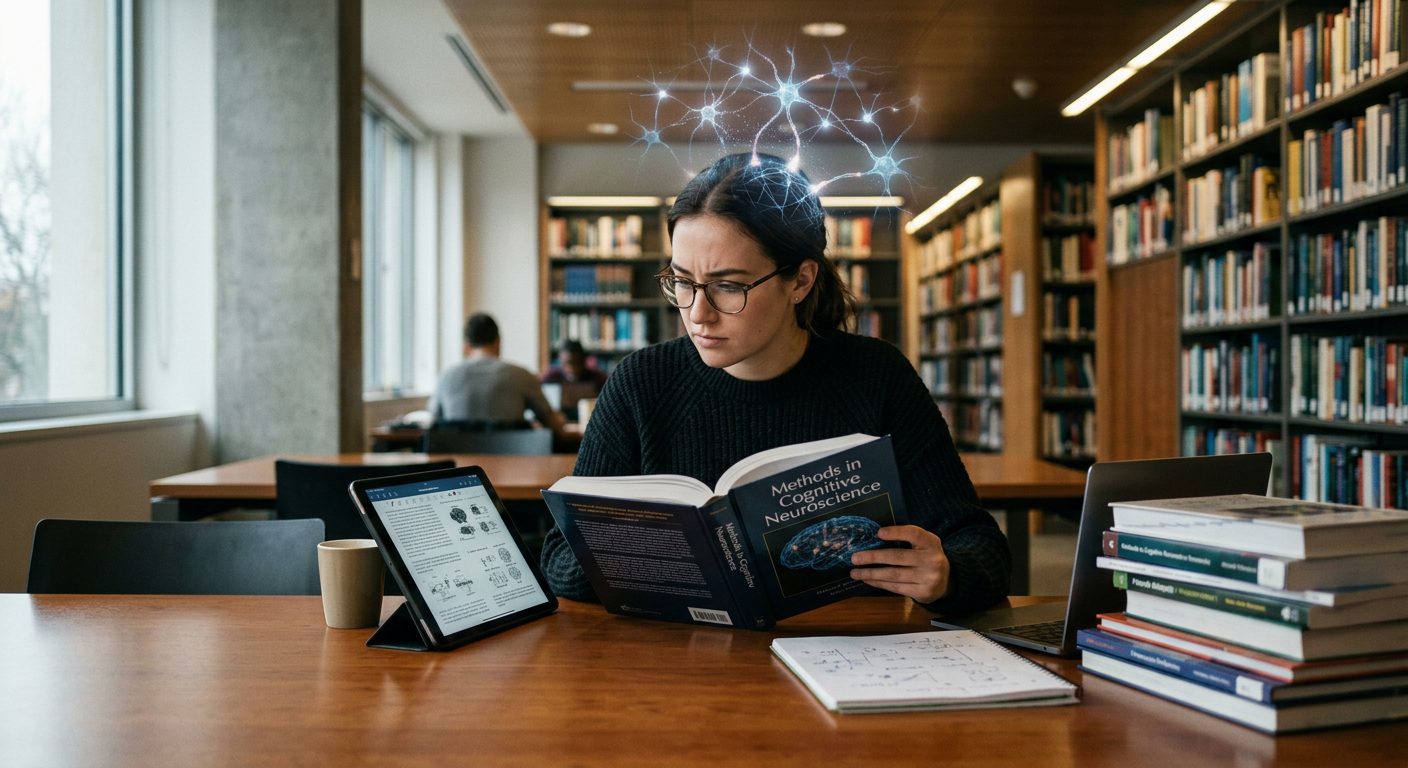 Pessoa lendo um livro ou tablet em alta velocidade e com foco intenso, com sobreposição visual de redes neurais e atividade cerebral, simbolizando a leitura dinâmica e a retenção de informações. Representa o método Metaleitura e o processamento cognitivo avançado.