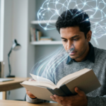 Pessoa lendo rapidamente um livro com foco intenso e símbolos de atividade cerebral, representando o Curso Leitura Dinâmica Metaleitura de Renato Alves para acelerar a leitura e memorização.