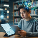 Pessoa lendo rapidamente com foco intenso e símbolos de atividade cerebral, representando o Curso Leitura Dinâmica Metaleitura de Renato Alves, com ênfase em velocidade e memorização.