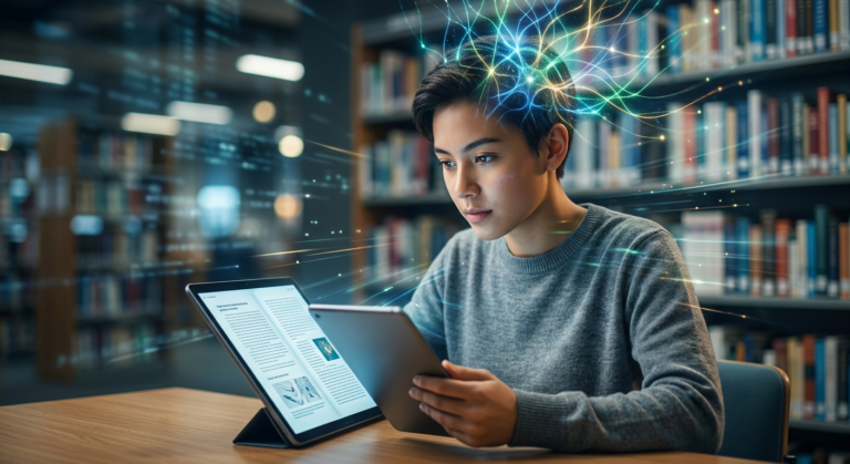 Pessoa lendo rapidamente com foco intenso e símbolos de atividade cerebral, representando o Curso Leitura Dinâmica Metaleitura de Renato Alves, com ênfase em velocidade e memorização.