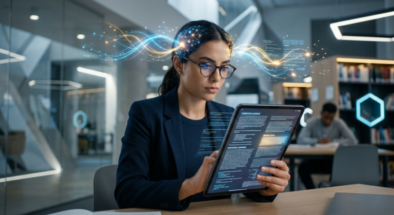 Pessoa lendo rapidamente com concentração intensa, com elementos gráficos de luz e rede neural saindo de sua cabeça, simbolizando a neuroaceleração e a memorização do Método Metaleitura de Renato Alves.