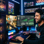 Gamer com headset em setup RGB, tela do YouTube Studio mostrando milhões de visualizações e monetização.