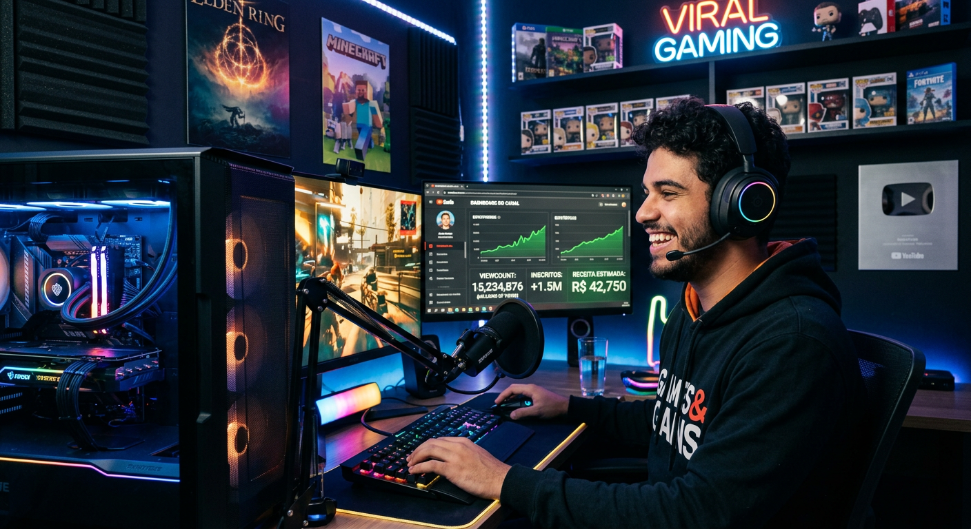 Gamer com headset em setup RGB, tela do YouTube Studio mostrando milhões de visualizações e monetização.