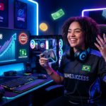 Jovem gamer de sucesso celebrando em frente ao seu setup, com gráficos de crescimento do YouTube e símbolos de dinheiro na tela.
