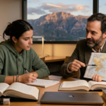 Estudante focado em aula particular intensiva de Humanas com professor, livros, material Terra Negra e montanhas ao fundo, simbolizando Monte Olimpo e alta performance para ENEM e Medicina.