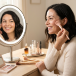 Mulher sorridente aplicando maquiagem natural e rápida com pincel em frente ao espelho, representando a metodologia Fast Beauty do curso Auto Make de Lu Rech.