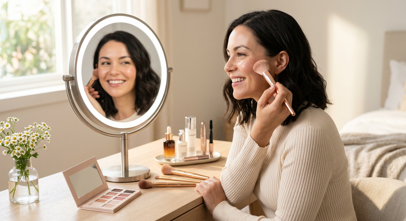 Mulher sorridente aplicando maquiagem natural e rápida com pincel em frente ao espelho, representando a metodologia Fast Beauty do curso Auto Make de Lu Rech.