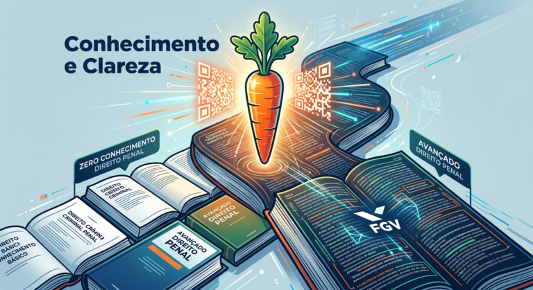Imagem conceitual da Plataforma Cenoura 2.0, com uma cenoura estilizada simbolizando o aprendizado e domínio de Direito Penal para a banca FGV.