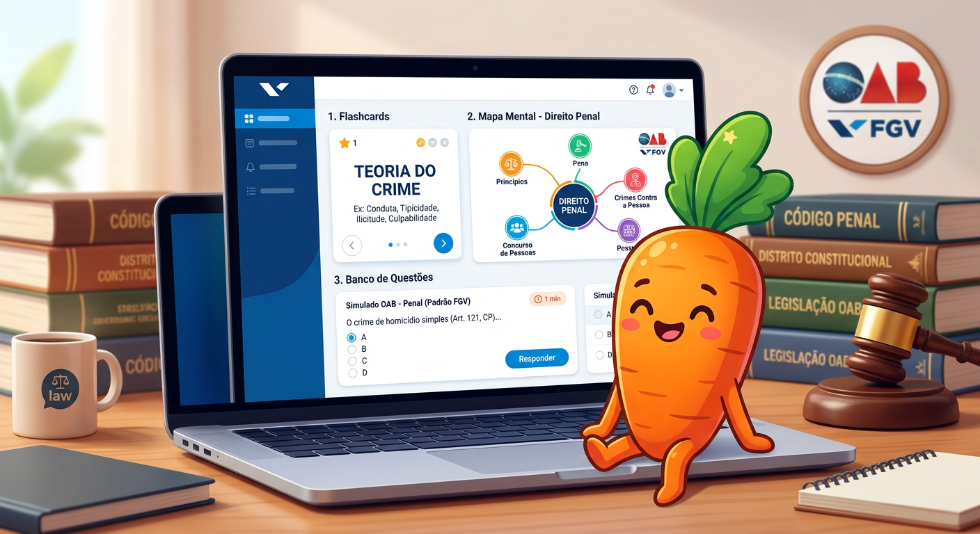 Mascote de cenoura em um laptop exibindo a interface da Plataforma do Cenoura 2.0 com flashcards, mapas mentais e banco de questões de Direito Penal para FGV.