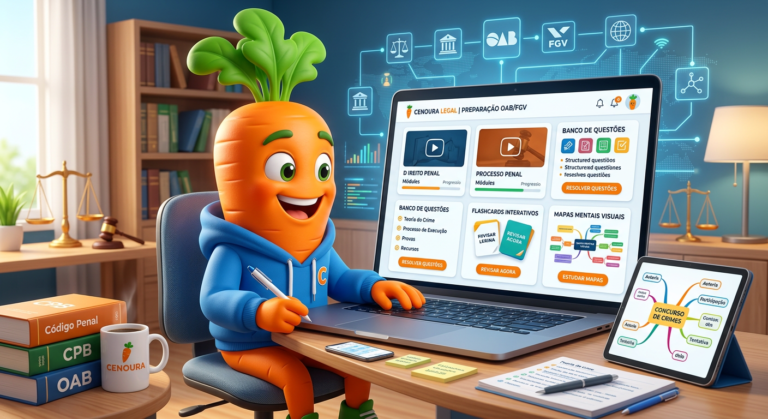 Plataforma do Cenoura 2.0: Interface digital de estudo com mascote de cenoura, mostrando aulas, banco de questões, flashcards e mapas mentais para Direito Penal e Processo Penal FGV.