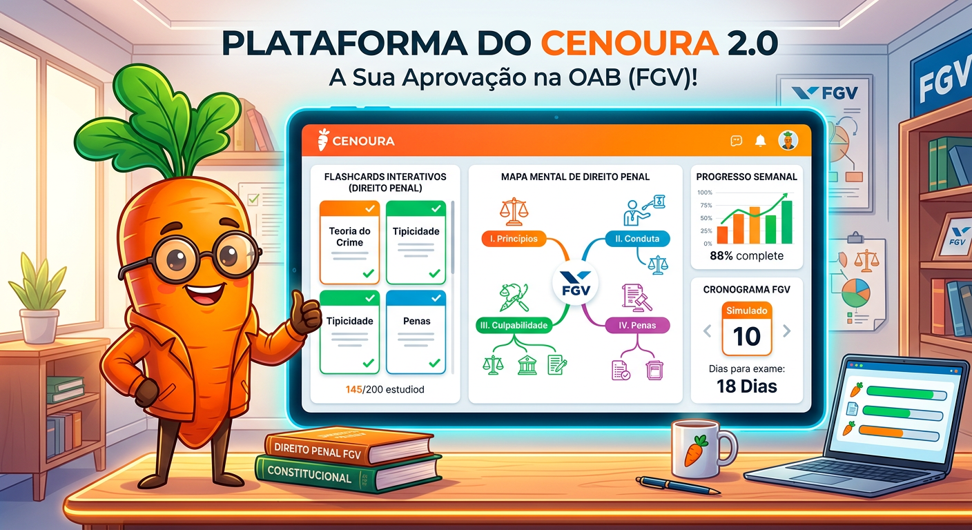Interface da Plataforma do Cenoura 2.0 com flashcards e mapas mentais para Direito Penal FGV, ao lado de um mascote de cenoura inteligente.