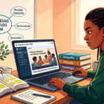 Estudante focado em laptop com o curso Extensivo Basic 2026, rodeado por livros de Ciências Humanas (História, Geografia, Filosofia, Sociologia) e elementos que simbolizam a construção de base sólida para o ENEM.