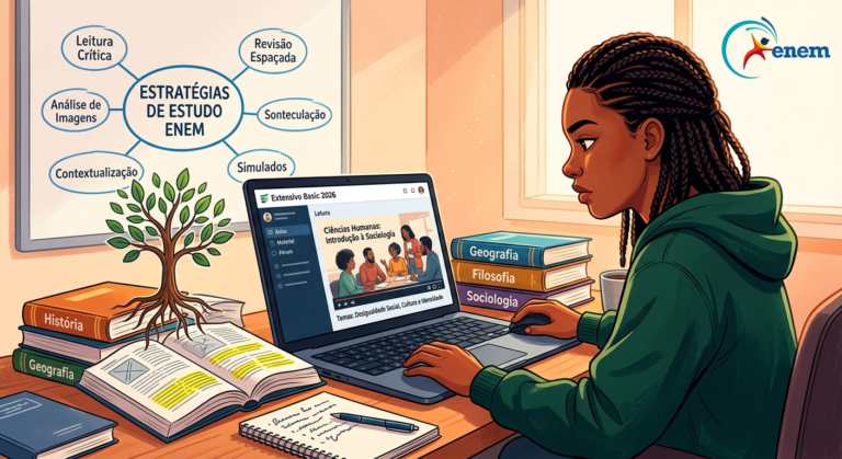 Estudante focado em laptop com o curso Extensivo Basic 2026, rodeado por livros de Ciências Humanas (História, Geografia, Filosofia, Sociologia) e elementos que simbolizam a construção de base sólida para o ENEM.