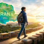 Estudante focado em uma trilha de aprendizado, com livros e um mapa do Paraná ao fundo, simbolizando a preparação para os vestibulares estaduais e o sucesso na aprovação.
