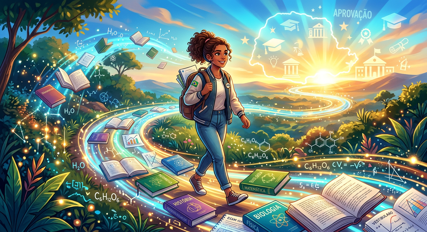 Estudante caminhando em trilha de livros e elementos de estudo, simbolizando a aprovação em vestibulares do Paraná com o Extensivo 2026 do Professor JV.