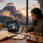 Estudante focado em Humanas com laptop e livros, com Monte Olimpo ao fundo, simbolizando preparação estratégica para ENEM 2026.