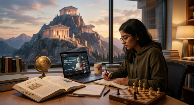 Estudante focado em Humanas com laptop e livros, com Monte Olimpo ao fundo, simbolizando preparação estratégica para ENEM 2026.