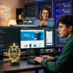 Jovem em formação DevClub Full Stack BR usando laptop, com símbolos de suporte 24/7, troféu de gamificação, e ícones de desenvolvimento web, mobile e backend com IA.