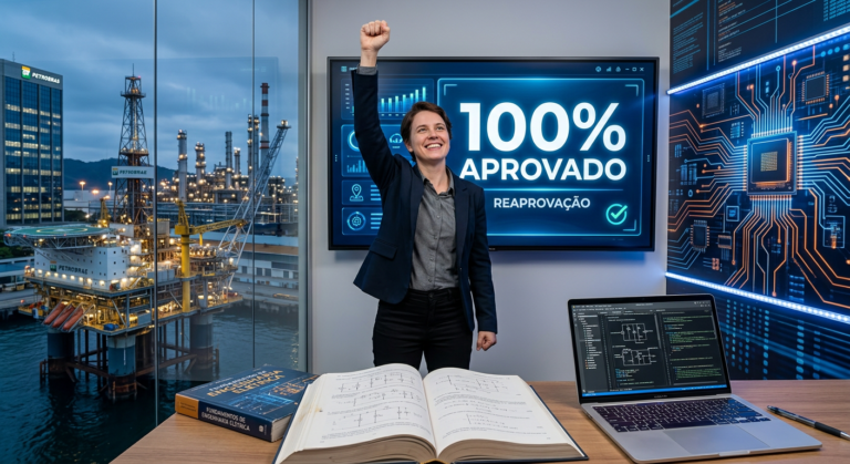 Imagem profissional de um engenheiro celebrando a aprovação 100% em um concurso, com elementos de engenharia elétrica (circuitos, diagramas) e a marca Petrobras (refinaria, logotipo sutil) ao fundo. Transmite sucesso e conhecimento técnico.