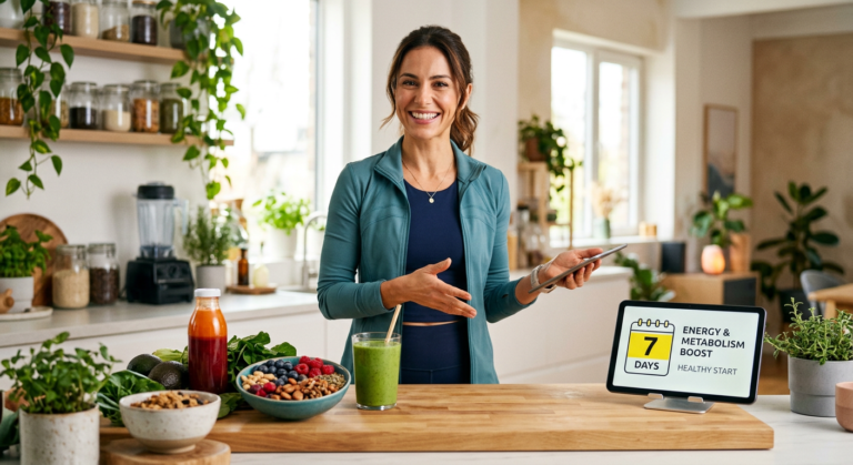 Mariana Ferri d'Avila, nutricionista, com alimentos saudáveis e indicação visual do programa Magra 7D para emagrecimento rápido em 7 dias.