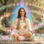 Pessoa serena cercada por diversos símbolos de terapias holísticas, representando formação completa e profissionalização na área.