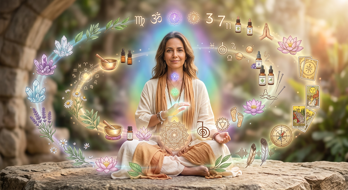 Pessoa serena cercada por diversos símbolos de terapias holísticas, representando formação completa e profissionalização na área.