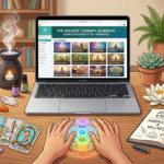 Setup de estudo com laptop exibindo curso online de terapias holísticas, cercado por cristais, óleos essenciais, incenso e símbolos de bem-estar, representando uma formação completa.