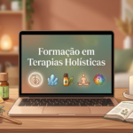 Elementos de terapias holísticas como cristais, óleos essenciais e laptop com curso online, representando a formação completa.
