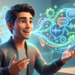 Pessoa falando inglês confiantemente com elementos de uma fórmula digital e engrenagens ao redor, simbolizando o método Fórmula da Fluência de Caio R.