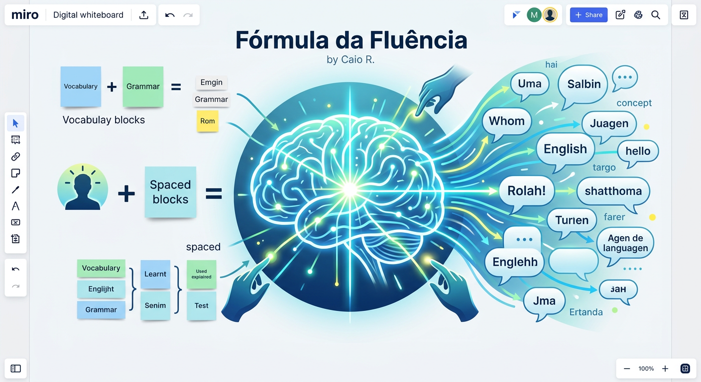 Ilustração conceitual da Fórmula da Fluência de Caio R. mostrando um cérebro estilizado conectado a balões de fala e blocos de aprendizado em um quadro branco digital.