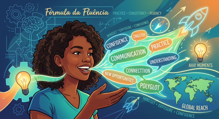 Imagem conceitual da 'Fórmula da Fluência' de Caio R., mostrando um indivíduo alcançando a fluência em inglês com palavras interconectadas e um diagrama de sucesso, em um estilo moderno e inspirador.