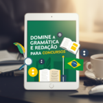 Capa do eBook 'Domine a Gramática e Redação para Concursos' exibida em um tablet, rodeada por ícones de gramática, pontuação e bandeira do Brasil.