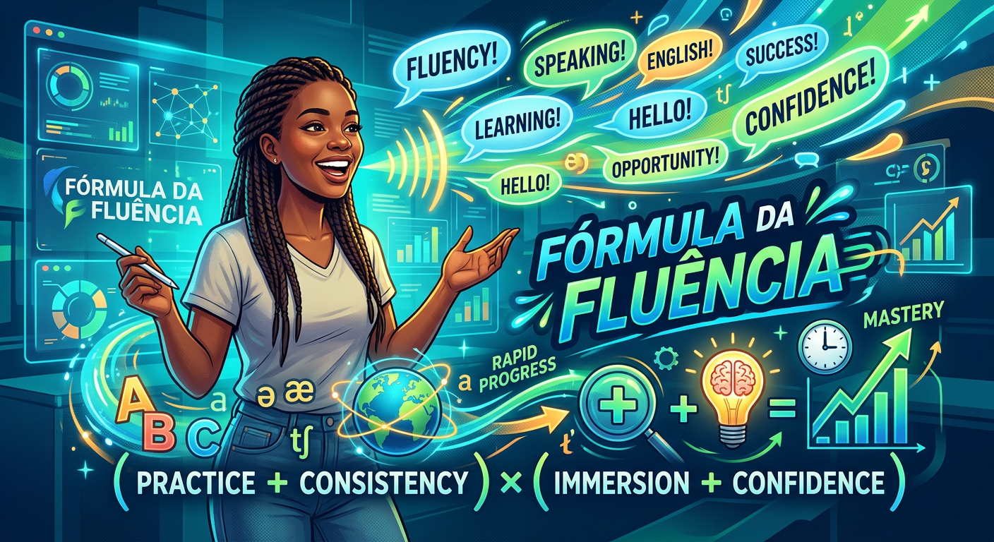 Ilustração digital da 'Fórmula da Fluência' de Caio R., mostrando um estudante confiante falando inglês com elementos visuais de uma fórmula e aprendizado rápido.