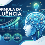 Ilustração digital da Fórmula da Fluência, mostrando um cérebro com engrenagens e símbolos de idiomas, representando o método de aprendizado rápido de Caio R.