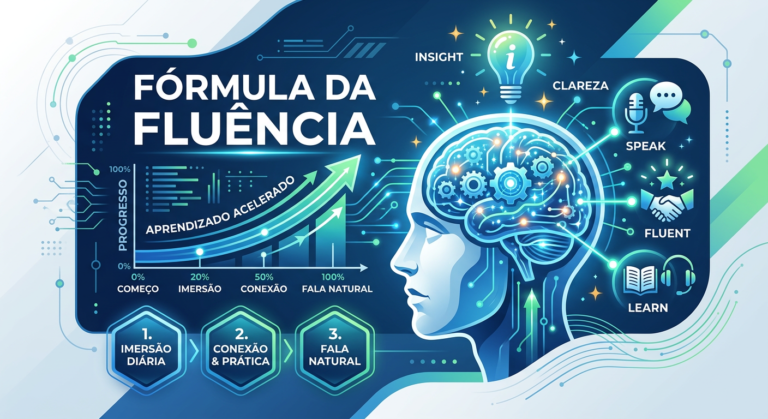 Ilustração digital da Fórmula da Fluência, mostrando um cérebro com engrenagens e símbolos de idiomas, representando o método de aprendizado rápido de Caio R.