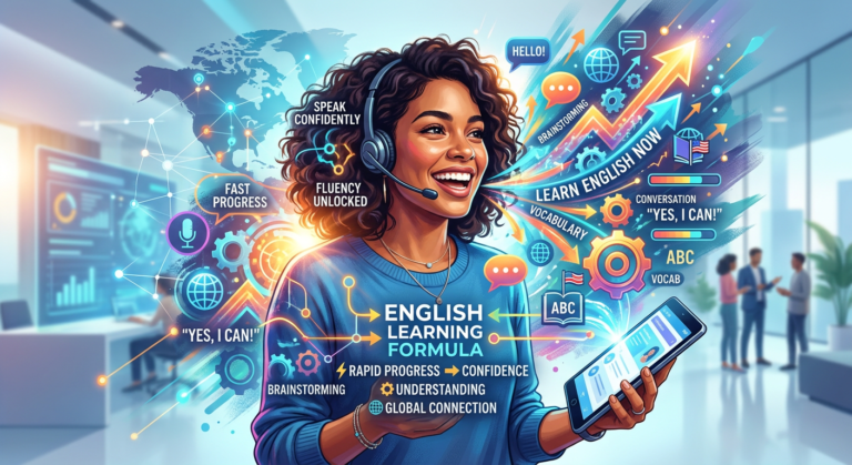 Pessoa sorrindo e falando inglês com confiança, rodeada por elementos visuais de fórmula e progresso, simbolizando a Fórmula da Fluência de Caio R.