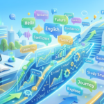 Ilustração conceitual do curso Fórmula da Fluência de Caio R., representando o método estruturado que leva à fluência em inglês com símbolos de progresso e comunicação.