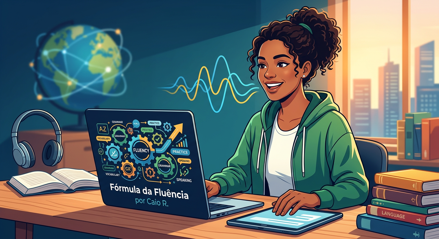 Jovem brasileiro aprendendo inglês com o curso online Fórmula da Fluência de Caio R, usando laptop e fones de ouvido.