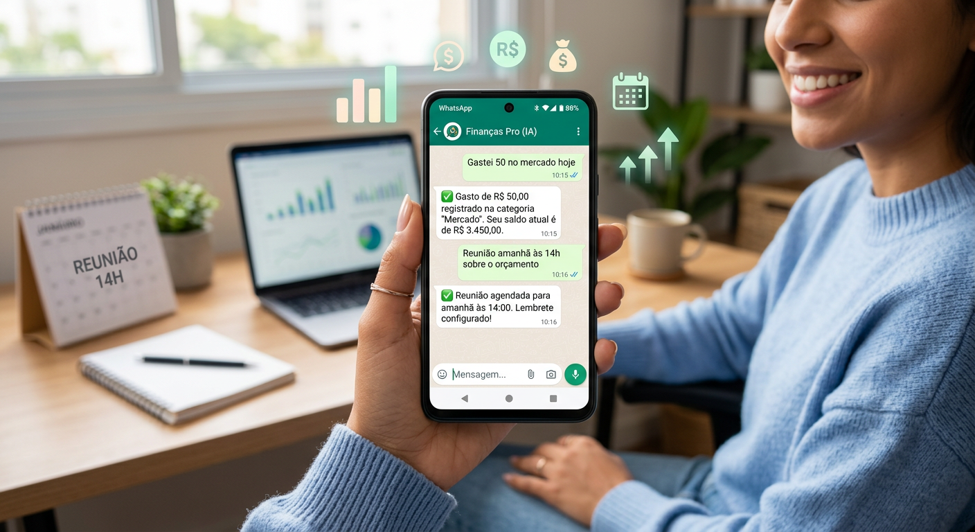Smartphone com MeuAssessor no WhatsApp gerenciando finanças e compromissos com IA.