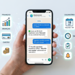 Smartphone com interface do WhatsApp exibindo chat do MeuAssessor, com ícones de finanças e calendário ao redor, simbolizando controle financeiro e organização por IA.