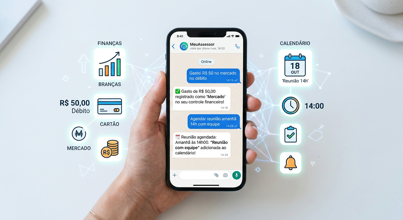 Smartphone com interface do WhatsApp exibindo chat do MeuAssessor, com ícones de finanças e calendário ao redor, simbolizando controle financeiro e organização por IA.