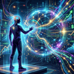 Ilustração digital futurista de uma figura mestre controlando um algoritmo complexo que alimenta múltiplos canais de YouTube (alguns sem aparecer), com dados luminosos, graficos de crescimento e símbolos de dólar.