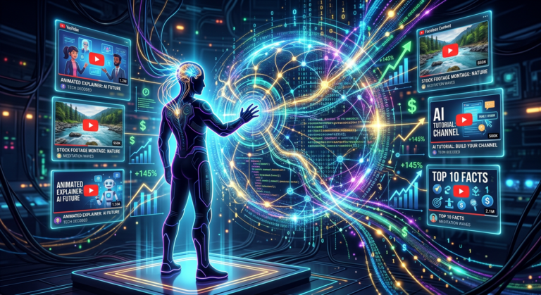 Ilustração digital futurista de uma figura mestre controlando um algoritmo complexo que alimenta múltiplos canais de YouTube (alguns sem aparecer), com dados luminosos, graficos de crescimento e símbolos de dólar.