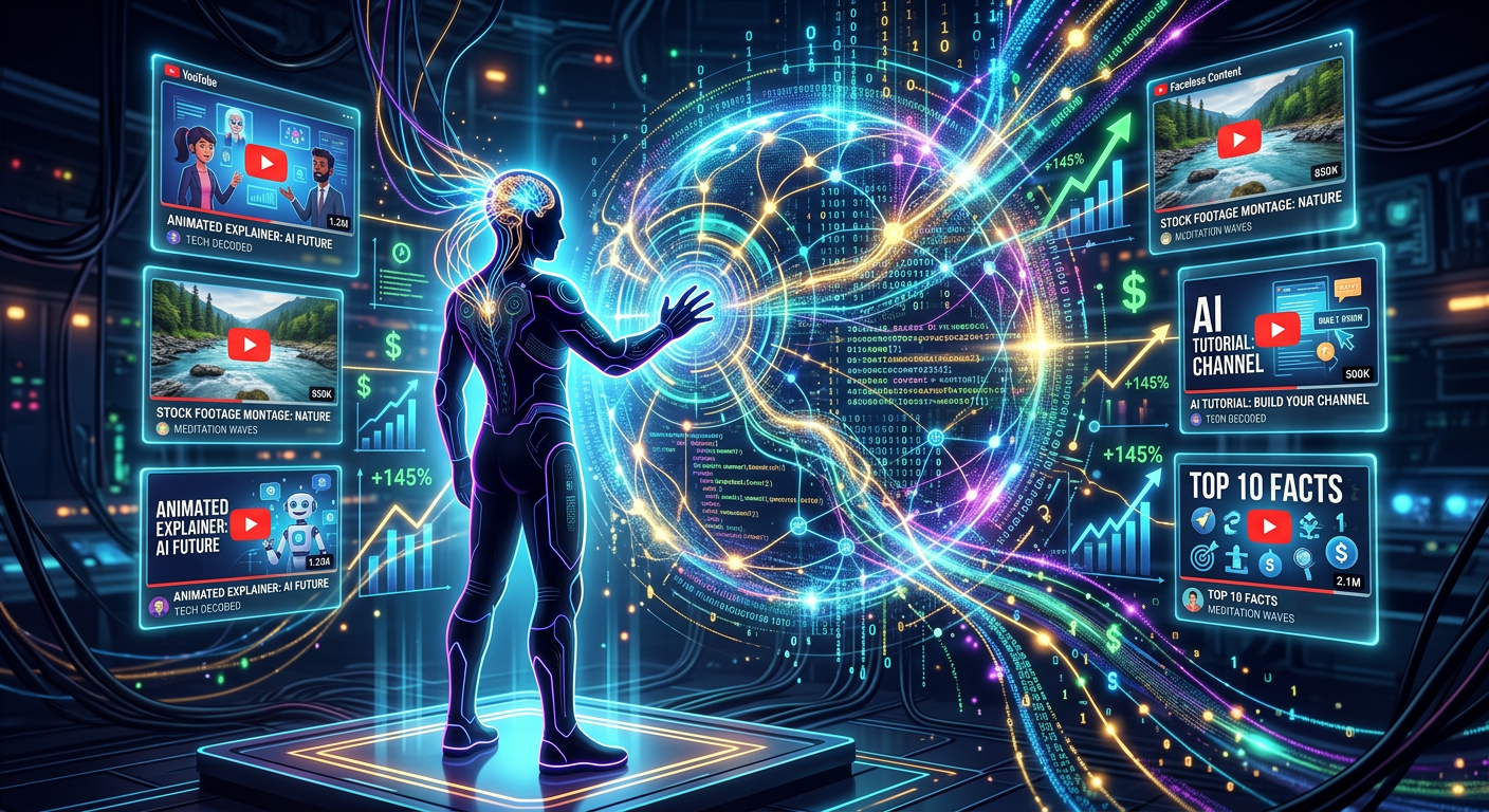 Ilustração digital futurista de uma figura mestre controlando um algoritmo complexo que alimenta múltiplos canais de YouTube (alguns sem aparecer), com dados luminosos, graficos de crescimento e símbolos de dólar.
