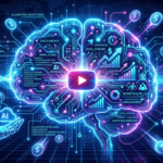 Imagem digital de um cérebro algorítmico com ícone do YouTube, elementos de IA, cifrões e gráficos de crescimento, representando a criação de conteúdo faceless e monetização.