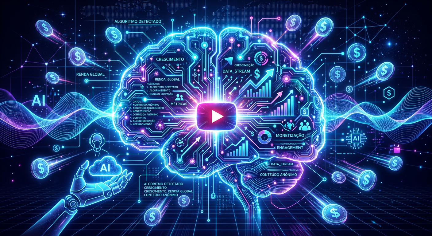 Imagem digital de um cérebro algorítmico com ícone do YouTube, elementos de IA, cifrões e gráficos de crescimento, representando a criação de conteúdo faceless e monetização.