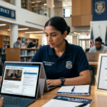 Estudante focado em curso online de Gestão em Segurança Pública e Privada do Instituto Óliver, com laptop e certificado, simbolizando a preparação para concursos policiais.